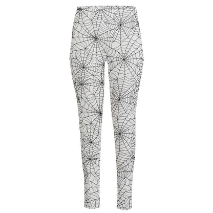 White And Black Spider Web Pattern Print High-Waisted Pocket Leggings