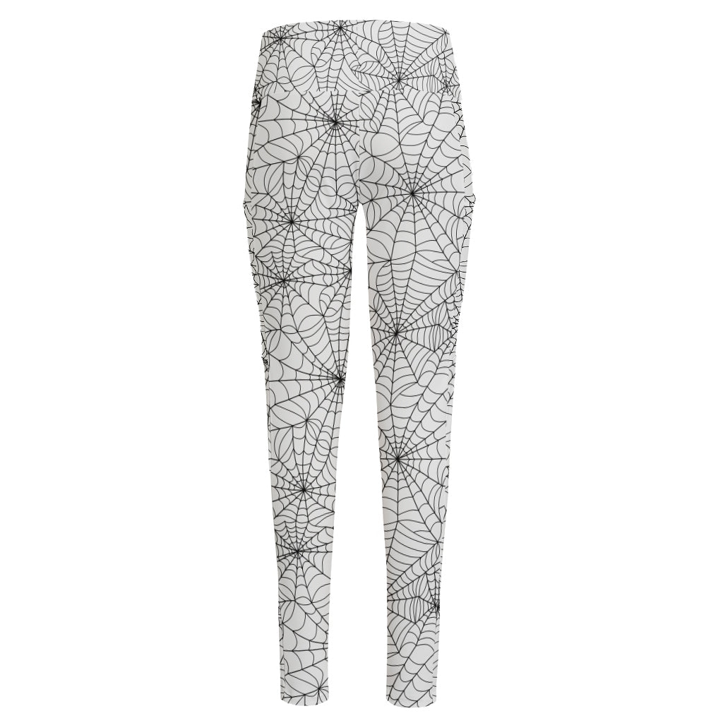 White And Black Spider Web Pattern Print High-Waisted Pocket Leggings