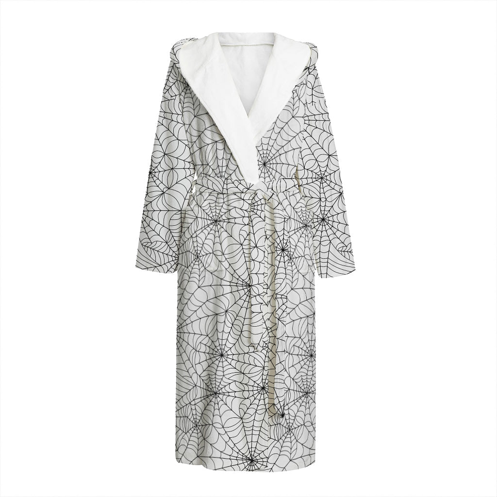 White And Black Spider Web Pattern Print Hooded Bathrobe