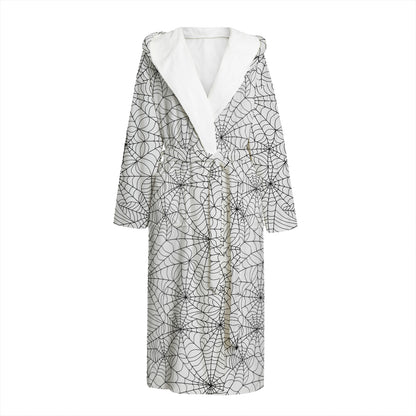 White And Black Spider Web Pattern Print Hooded Bathrobe