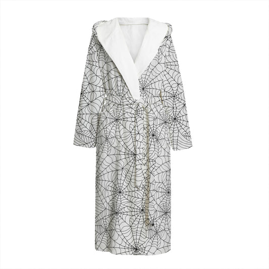 White And Black Spider Web Pattern Print Hooded Bathrobe