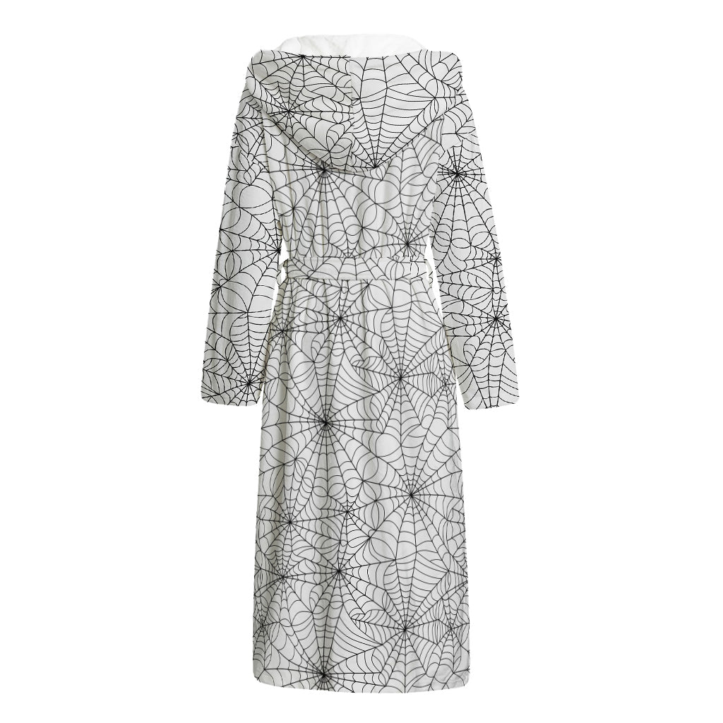 White And Black Spider Web Pattern Print Hooded Bathrobe