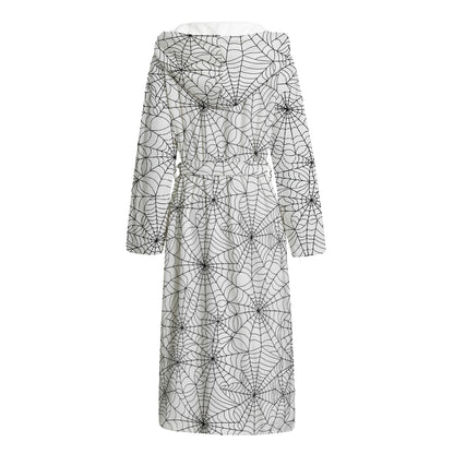 White And Black Spider Web Pattern Print Hooded Bathrobe
