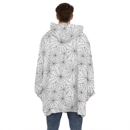 White And Black Spider Web Pattern Print Hoodie Blanket