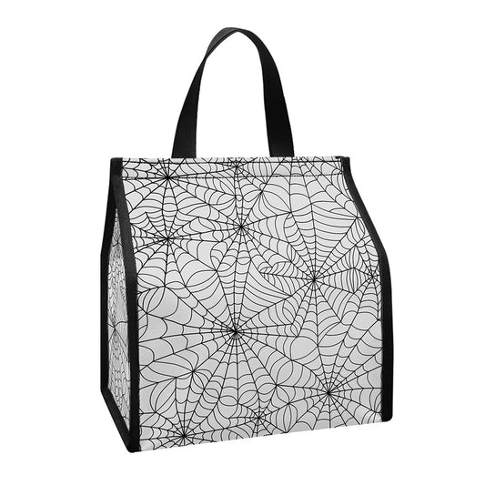 White And Black Spider Web Pattern Print Insulated Lunch Tote