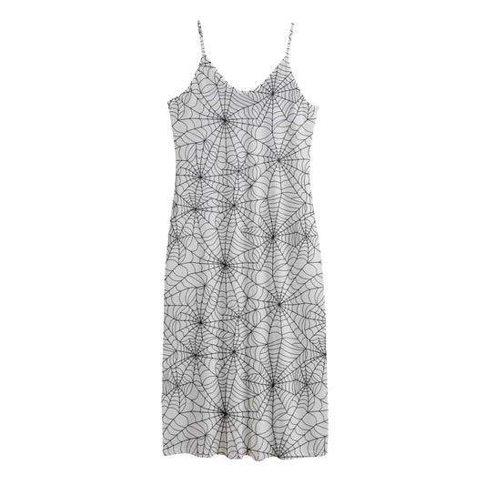 White And Black Spider Web Pattern Print Jersey Midi Cami Dress
