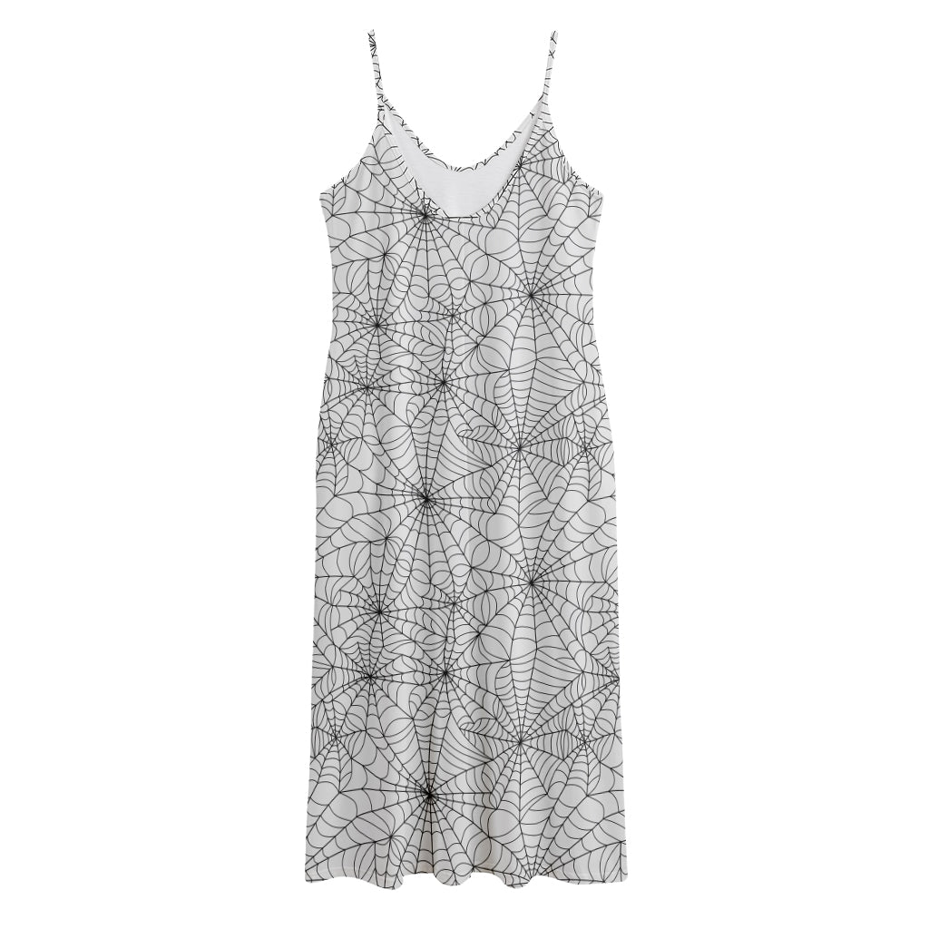 White And Black Spider Web Pattern Print Jersey Midi Cami Dress