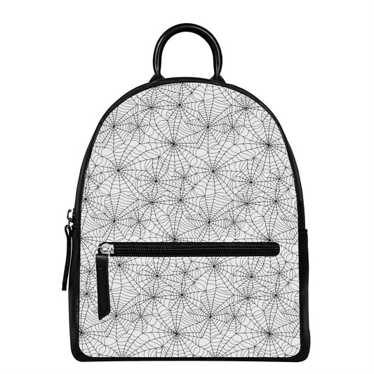 White And Black Spider Web Pattern Print Leather Backpack