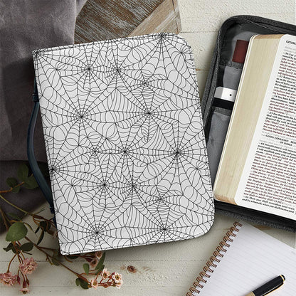 White And Black Spider Web Pattern Print Leather Bible Cover