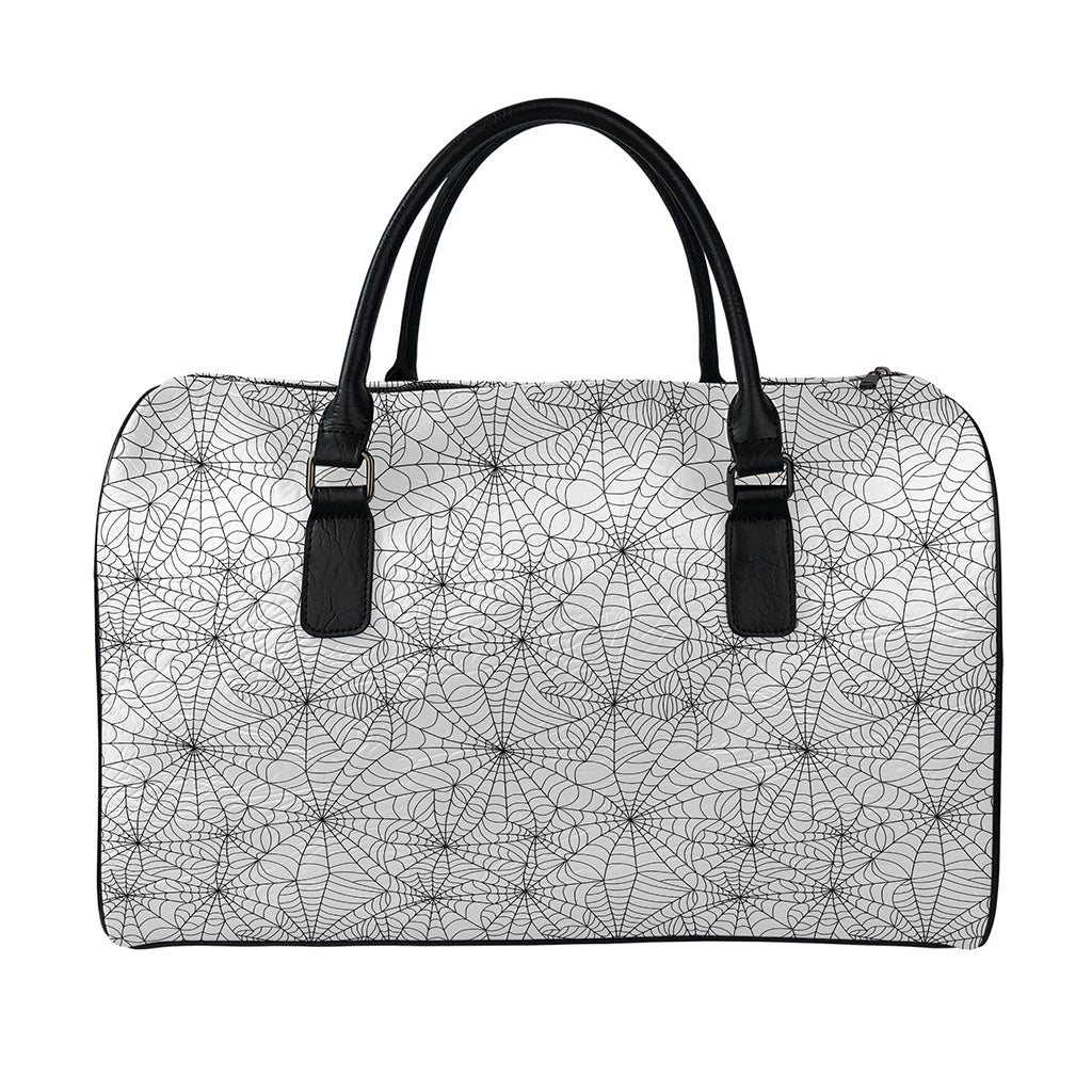 White And Black Spider Web Pattern Print Leather Duffle Bag