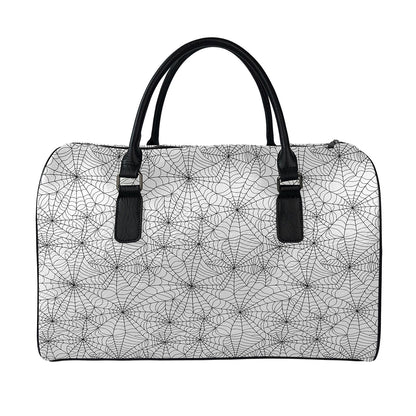 White And Black Spider Web Pattern Print Leather Duffle Bag