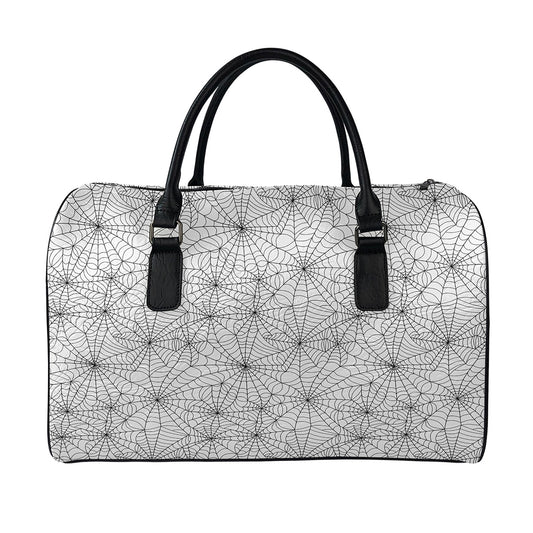 White And Black Spider Web Pattern Print Leather Duffle Bag