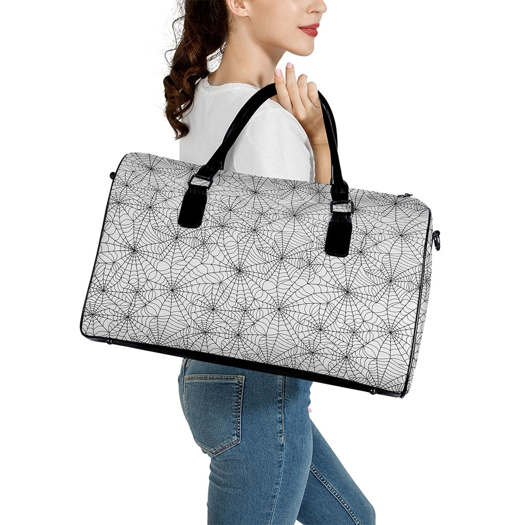 White And Black Spider Web Pattern Print Leather Duffle Bag