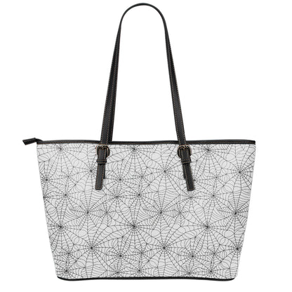 White And Black Spider Web Pattern Print Leather Tote Bag