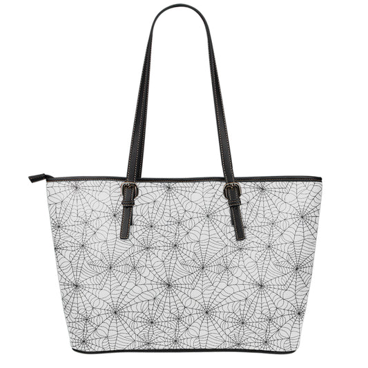 White And Black Spider Web Pattern Print Leather Tote Bag