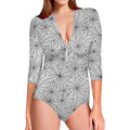 White And Black Spider Web Pattern Print Long Sleeve Swimsuit
