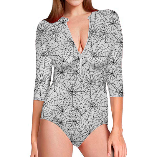 White And Black Spider Web Pattern Print Long Sleeve Swimsuit