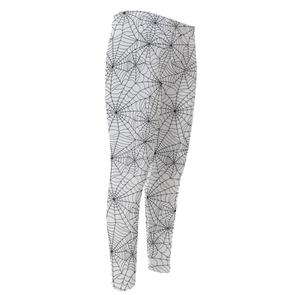White And Black Spider Web Pattern Print Men's Compression Pants