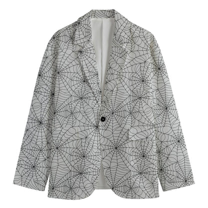 White And Black Spider Web Pattern Print Men's Cotton Blazer