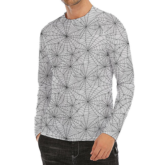 White And Black Spider Web Pattern Print Men's Long Sleeve Rash Guard
