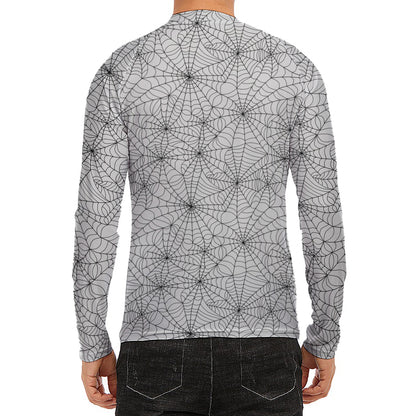 White And Black Spider Web Pattern Print Men's Long Sleeve Rash Guard