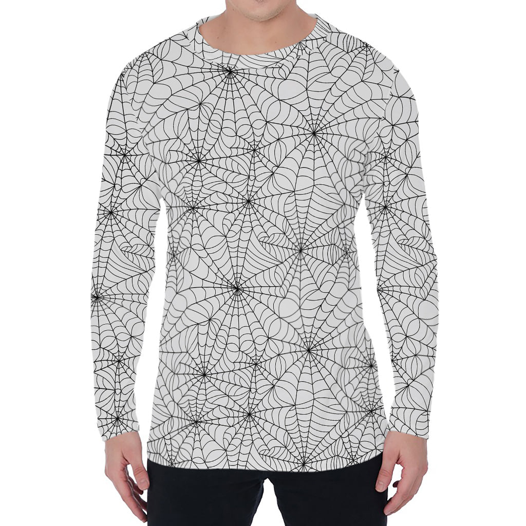 White And Black Spider Web Pattern Print Men's Long Sleeve T-Shirt