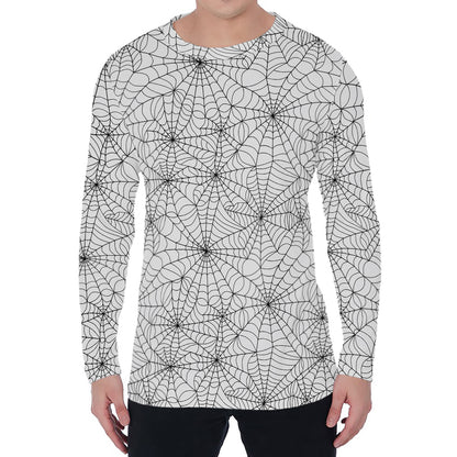 White And Black Spider Web Pattern Print Men's Long Sleeve T-Shirt