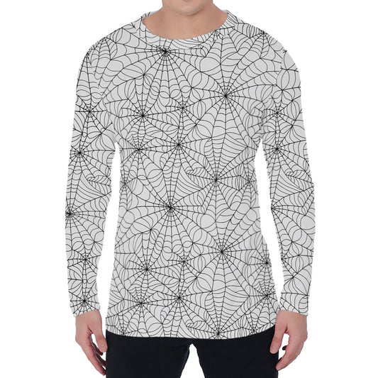 White And Black Spider Web Pattern Print Men's Long Sleeve T-Shirt