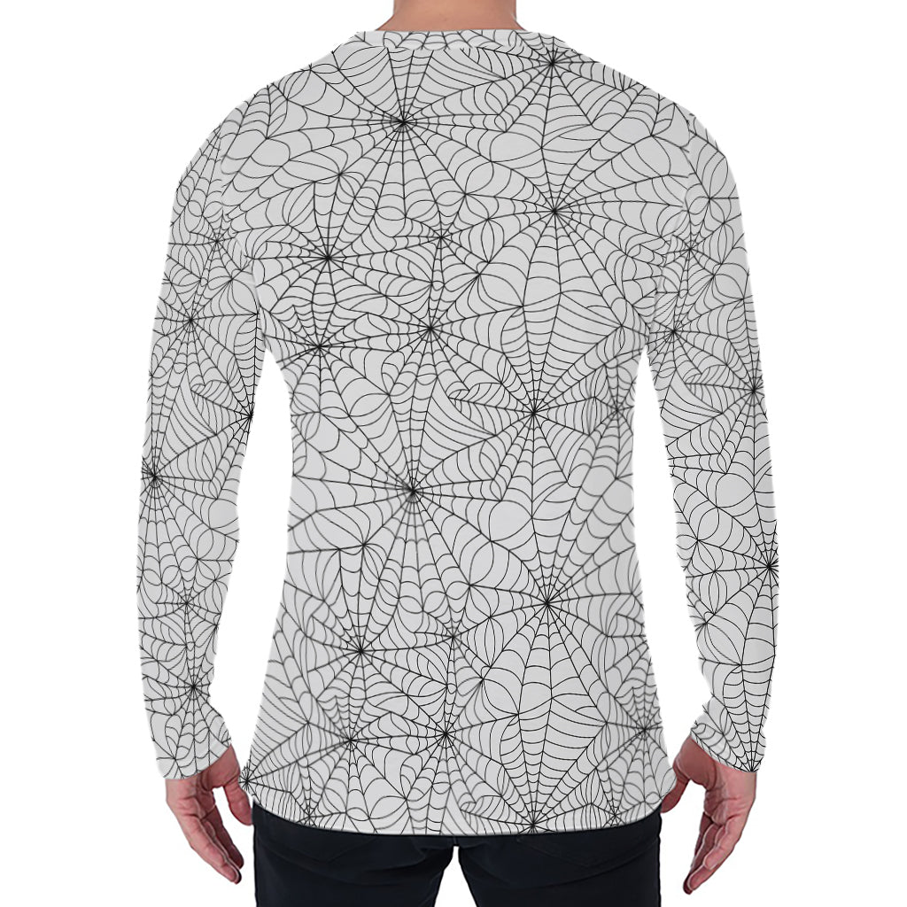 White And Black Spider Web Pattern Print Men's Long Sleeve T-Shirt
