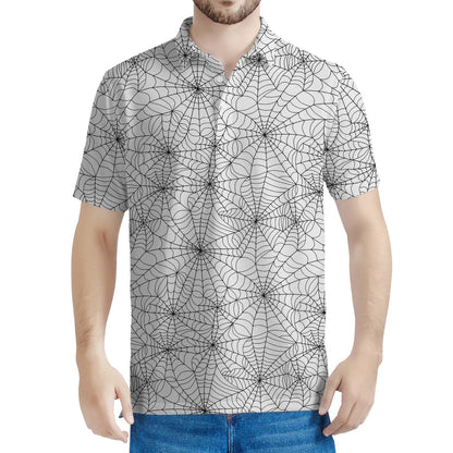 White And Black Spider Web Pattern Print Men's Polo Shirt