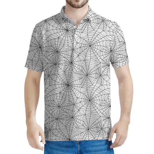 White And Black Spider Web Pattern Print Men's Polo Shirt