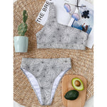 White And Black Spider Web Pattern Print One Shoulder Bikini Top