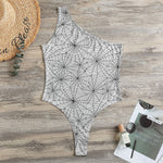 White And Black Spider Web Pattern Print One Shoulder Bodysuit