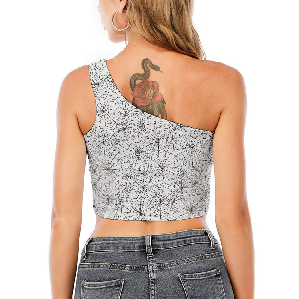 White And Black Spider Web Pattern Print One Shoulder Crop Top