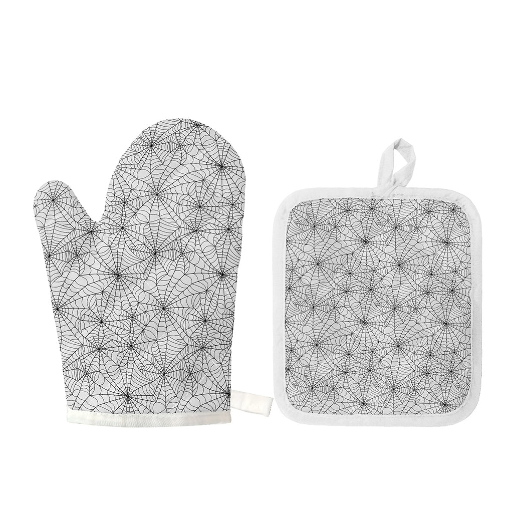 White And Black Spider Web Pattern Print Oven Mitt And Pot Holder Set