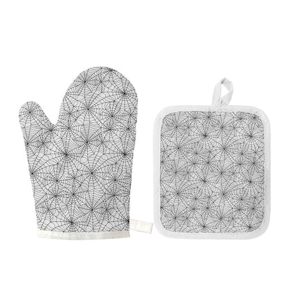 White And Black Spider Web Pattern Print Oven Mitt And Pot Holder Set
