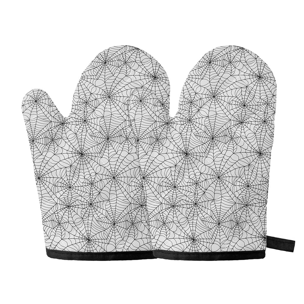 White And Black Spider Web Pattern Print Oven Mitts