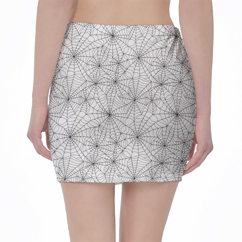 White And Black Spider Web Pattern Print Pencil Mini Skirt