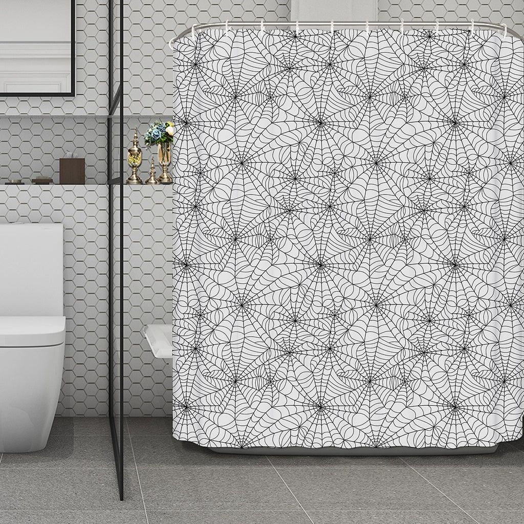 White And Black Spider Web Pattern Print Polyester Shower Curtain