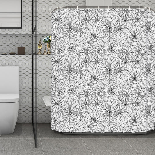 White And Black Spider Web Pattern Print Polyester Shower Curtain