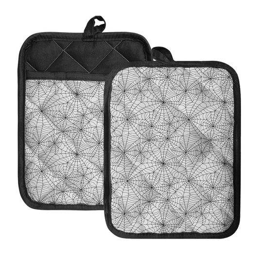 White And Black Spider Web Pattern Print Pot Holders With Pocket