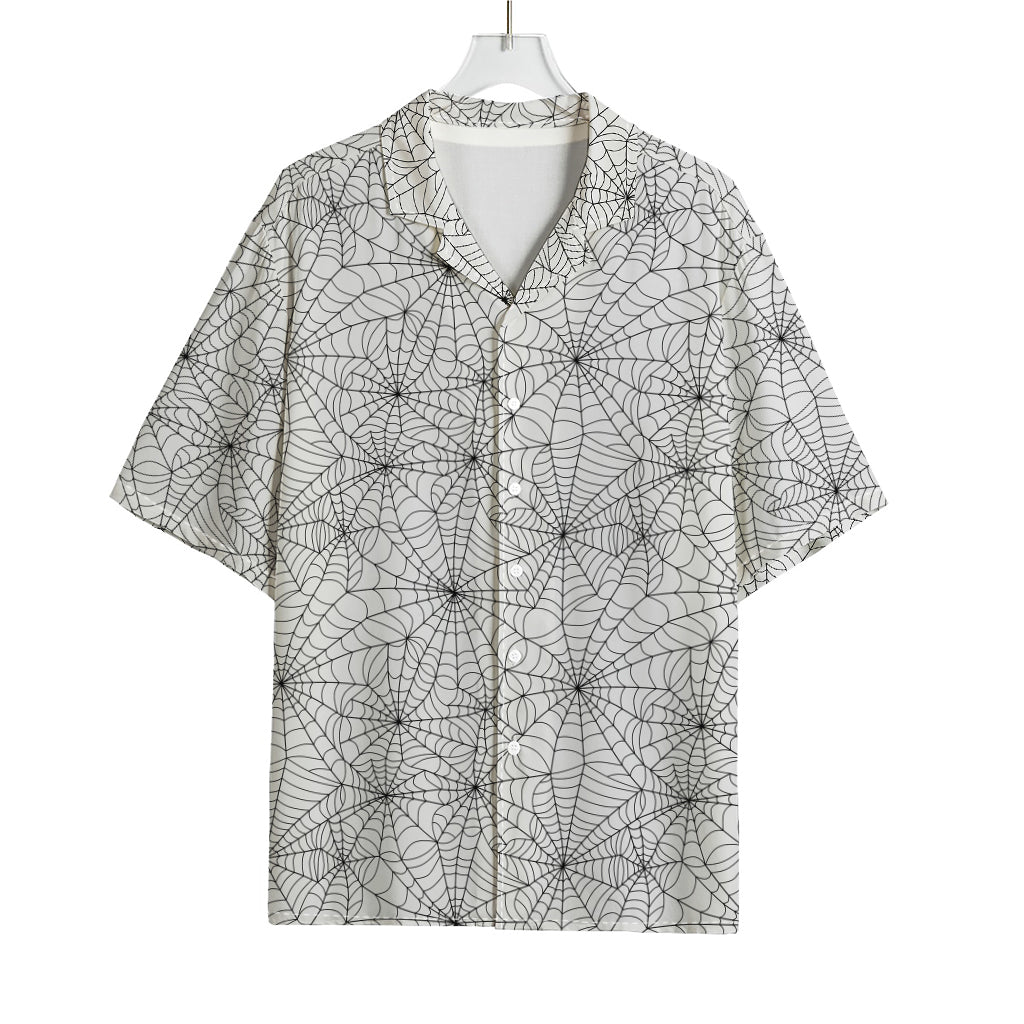 White And Black Spider Web Pattern Print Rayon Hawaiian Shirt