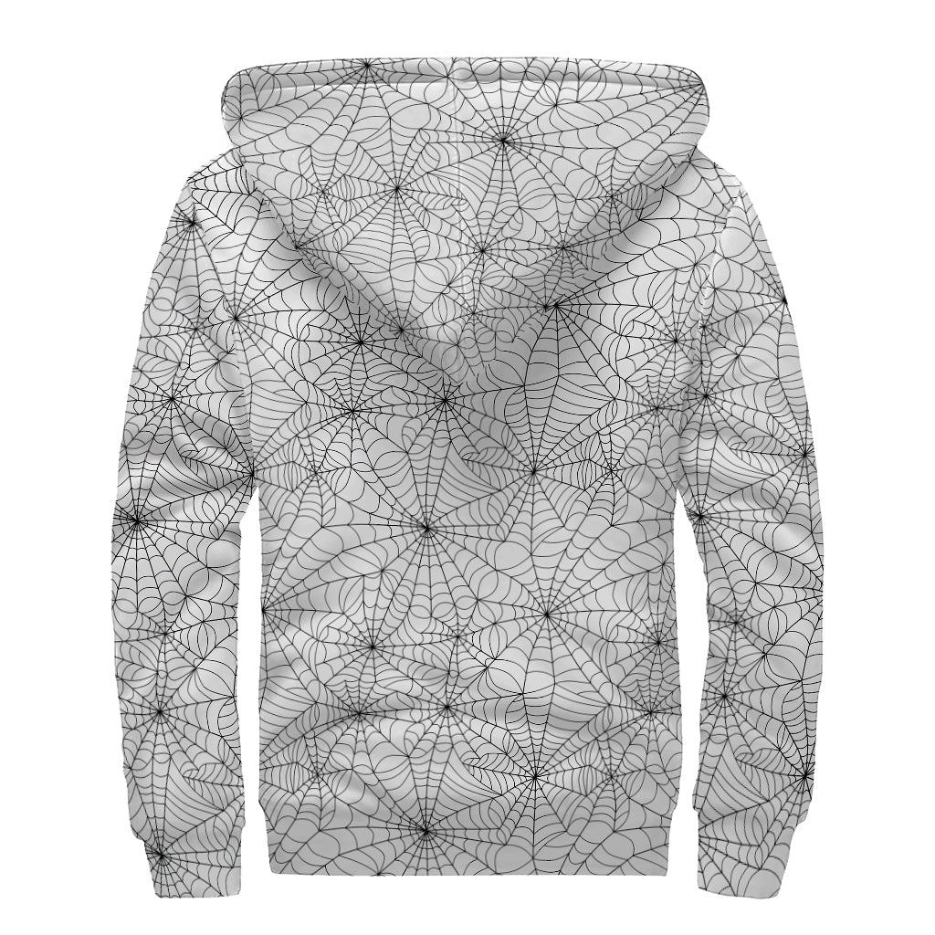 White And Black Spider Web Pattern Print Sherpa Lined Zip Up Hoodie