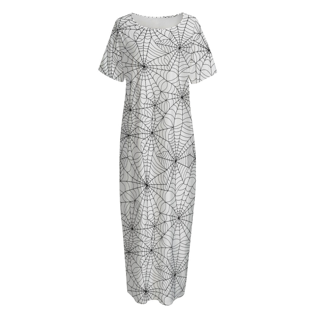 White And Black Spider Web Pattern Print Short Sleeve Long Nightdress