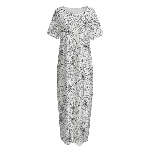 White And Black Spider Web Pattern Print Short Sleeve Long Nightdress