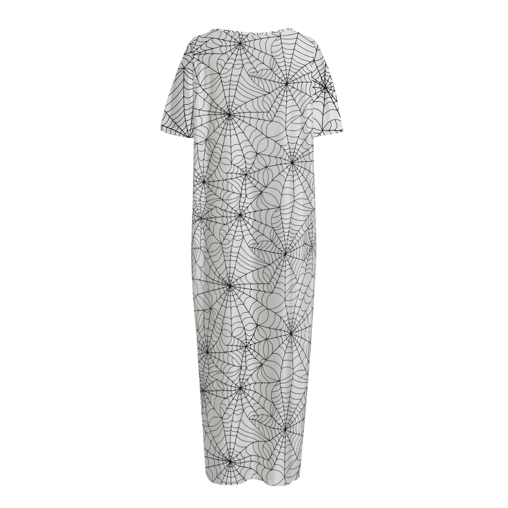 White And Black Spider Web Pattern Print Short Sleeve Long Nightdress