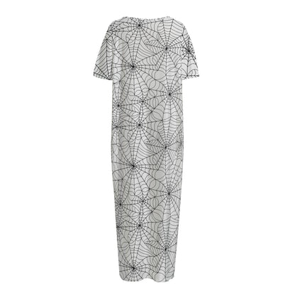 White And Black Spider Web Pattern Print Short Sleeve Long Nightdress
