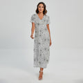 White And Black Spider Web Pattern Print Short Sleeve Maxi Dress
