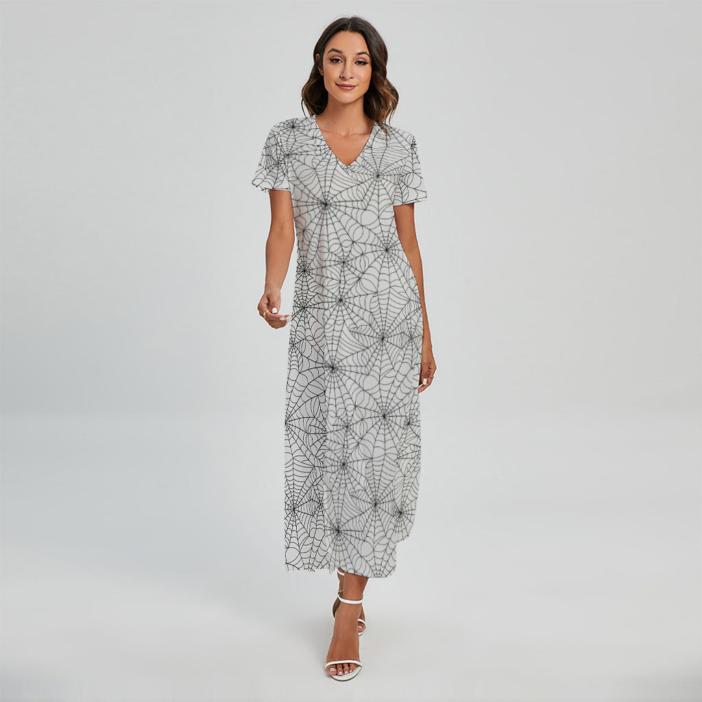 White And Black Spider Web Pattern Print Short Sleeve Maxi Dress