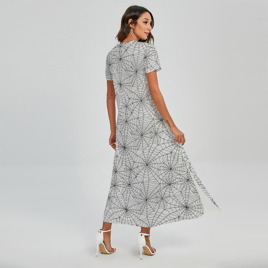 White And Black Spider Web Pattern Print Short Sleeve Maxi Dress